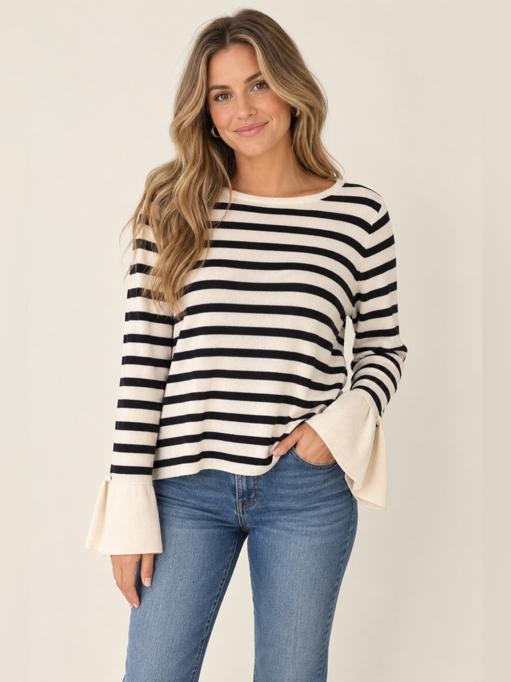 LOFT Black and White Striped Ruffle-Sleeve Knit Top